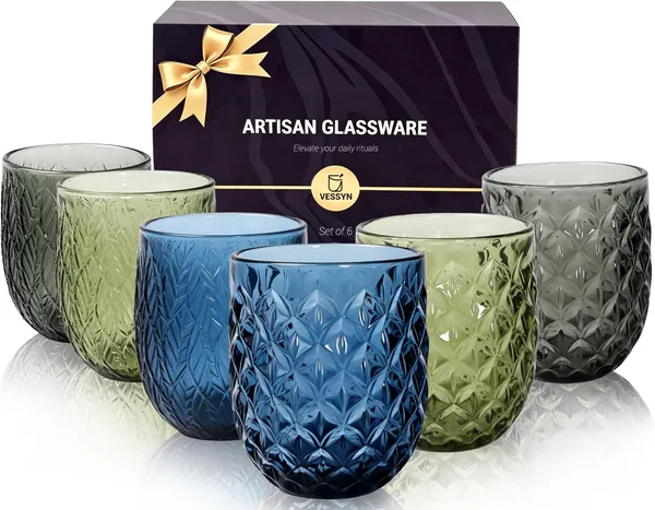 Vessyn Kolora Gläsor, Set of 6, 370ml Stor Vattenreserv i Modern Naturdesign (Blade och Vave Relief Muster) – Best Deal