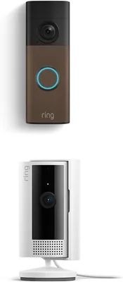 Videotimbre inalámbrico Ring (último modelo), café moteado con Cámara para interiores Ring, blanco – 67% Off