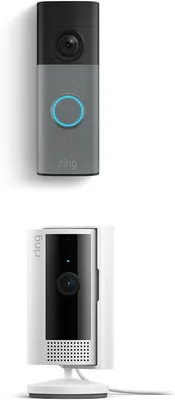 Videotimbre inalámbrico Ring (último modelo), gris moteado con Cámara para interiores Ring, blanco – 67% Off