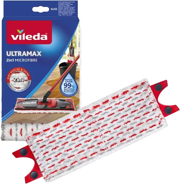 Vileda UltraMax Refill 2-in-1. 1 paket. Microfiber Original Flat Mop Pad, Removerar över 99% bakteri med vatten endast