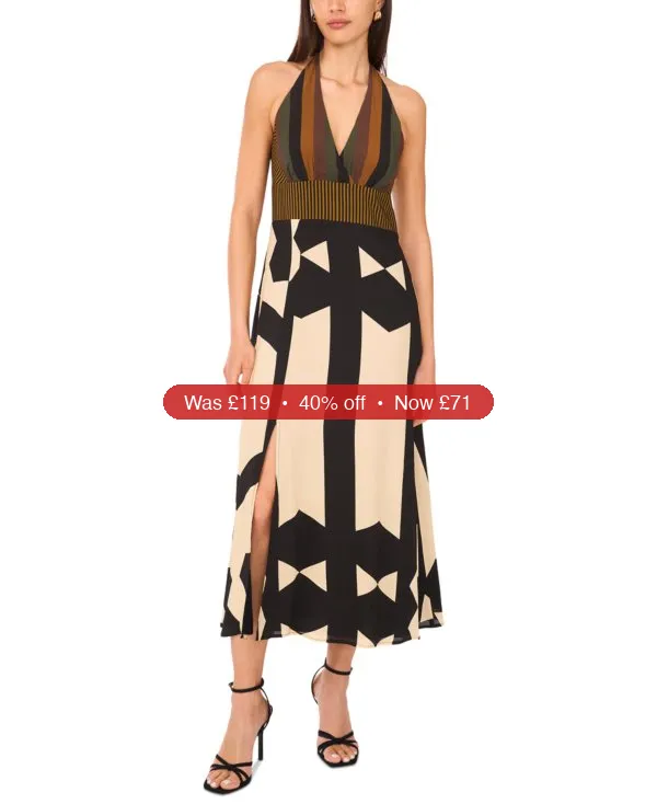 Vince Camuto Women’s Mixed-Print V-Neck Maxi Halter Dress – 40% Off