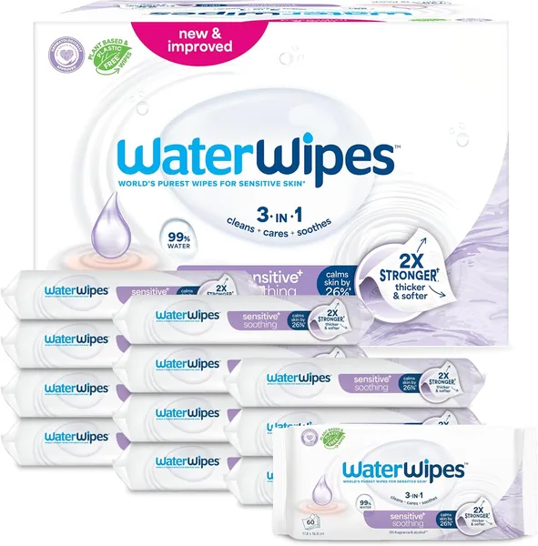 WaterWipes Sensitive+ Soothing Clean Wipes, Chusteczki nawilżane łagodzące, 720 sztuk (opakowanie 12), 3 w 1: Delikatnie oczy – Najlepsza cena!