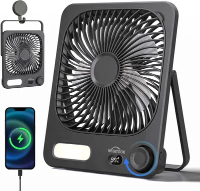 WHATOOK Rechargeable Tafelfan med Nattlichter, USB C Tyst 30dB, 100 Hastigheter, 40h, Automatisk Avstängning Display, Lavbar