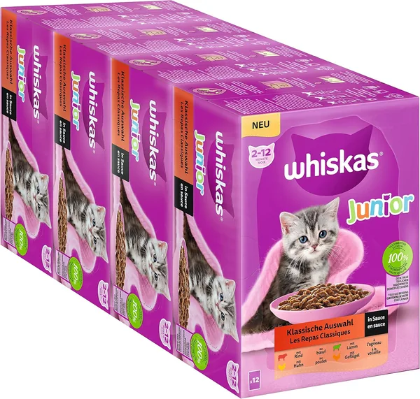 Whiskas Junior Kat Färdig Mat Klassisk Val i Grav, 48 Serviser Säck, 12 x 85 g (4 Pack) – Hög Kvalitet Katmat Wet