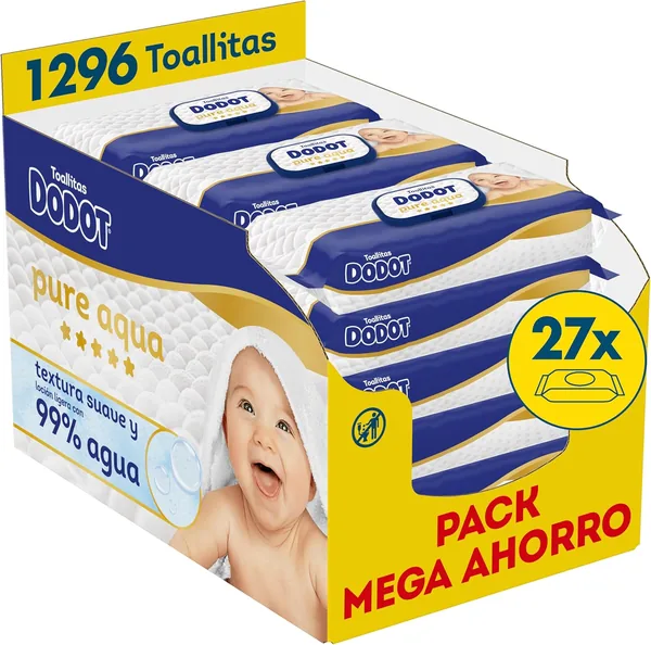 Wipes Dodot Pure Aqua, 1296 Unidades (9 Paquetes de 48 + 3 Paquetes), Para Restaurar el pH Natural de la Piel, 99% Agua, Sin Plástico Fr