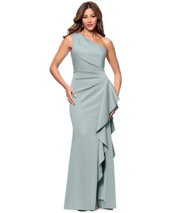 XSCAPE Women’s Ruffled One-Shoulder Scuba Gown