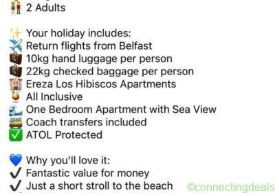 2 person holiday to lanzorte in Belfast