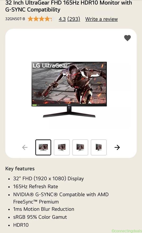 32 Inch LG UltraGear FHD 165Hz HDR10 Monitor