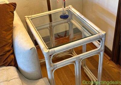 Free ad: Glass-Topped Ivory Rattan Side Table in Los Angeles. Glass-Topped Ivory Rattan Side Table in Los Angeles