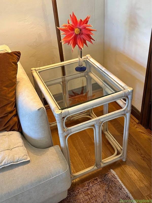 Glass-Topped Ivory Rattan Side Table