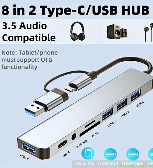 Hub 8 en 1 con puertos USB y Tipo-C