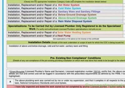 Issue of Electrical and plumbing COC in Cape Town