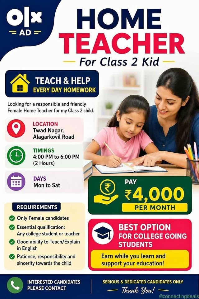 Need Home Teacher for Class 2 Kid