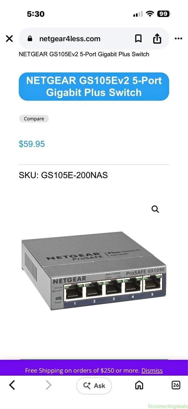 NETGEAR GS105Ev2 5-Port Gigabit Plus Switch