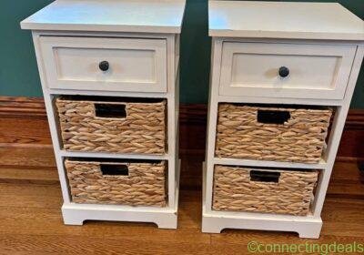 Pair of White Nightstands with Wicker Baskets in New York