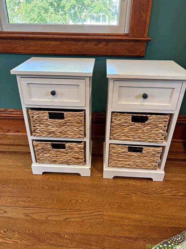 Pair of White Nightstands with Wicker Baskets